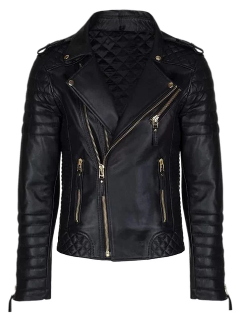 Men Biker Black Leather Jacket