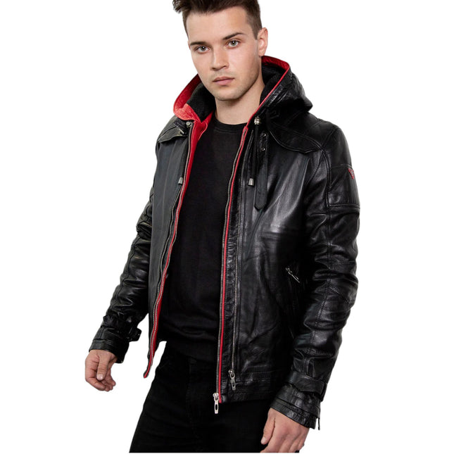 Men Black And Red Hooded Leather Jacket