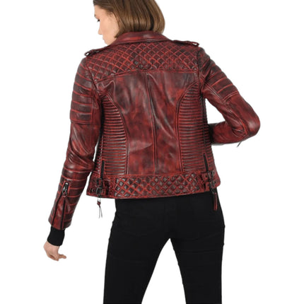Women Burnt Red Biker Leather Jacket